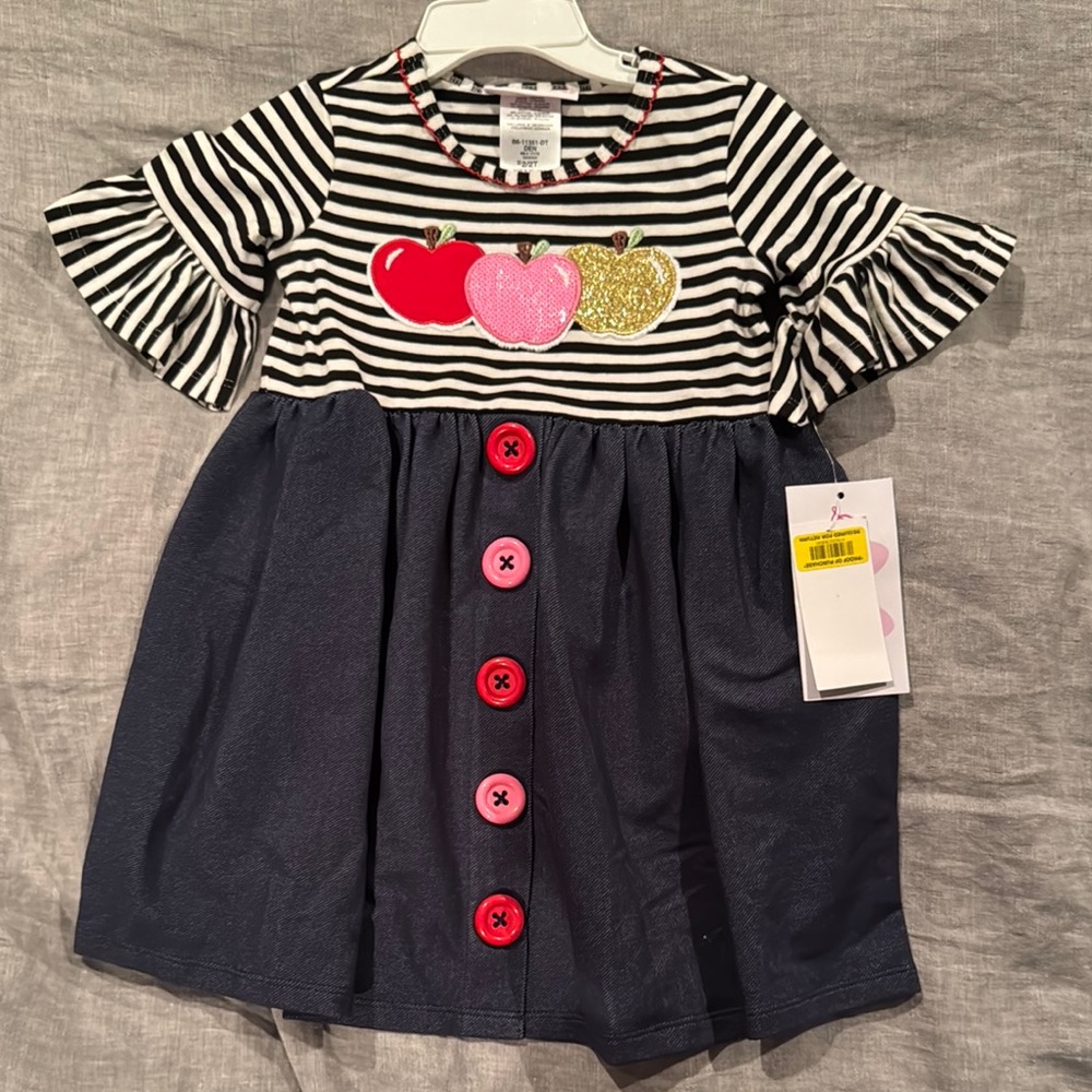 Striped Navy and White Kids Dress with Apple Appliqué